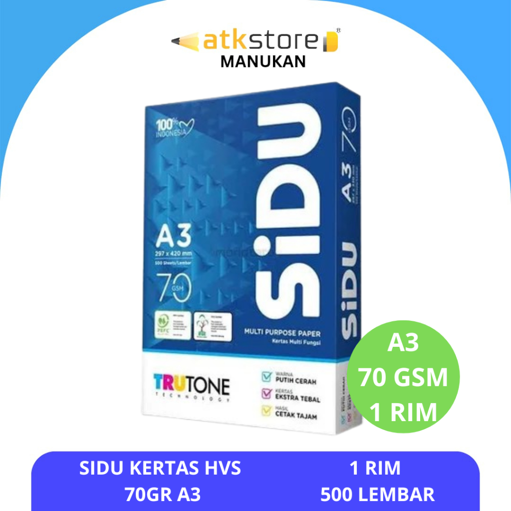 [1 RIM] Sidu Kertas A3 70gr Copier 1 Rim (500 Lembar) Kertas Hvs A3 Kertas Fotocopy - Sidu Kertas HV
