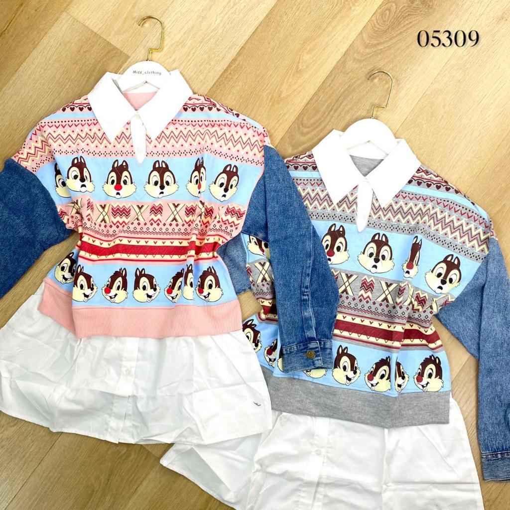 05309 TUNIK BABYTERRY MIX JEANS KATUN MOTIF CHIP DALE MOTIF FULL SABLON KERAH VARIASI BUTTON ATAS BA