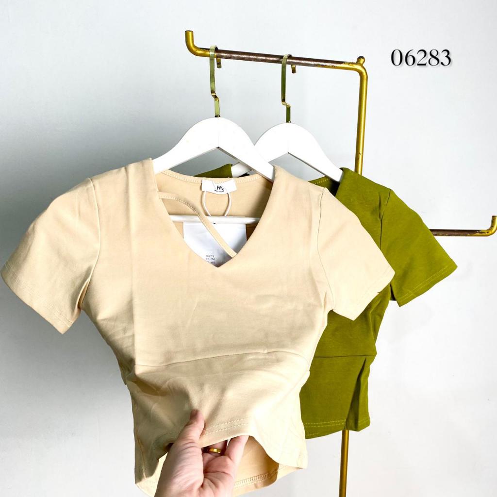 06283 BLOUSE HFS VNECK SLIT BELAKANG TANGAN PENDEK BODYCON BASIC POLOS ATASAN BLOUSE TANGAN PENDEK W