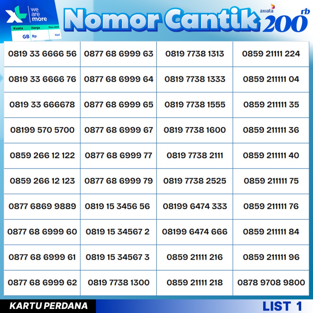 Nomor Cantik Perdana XL Murah 200.000rb.