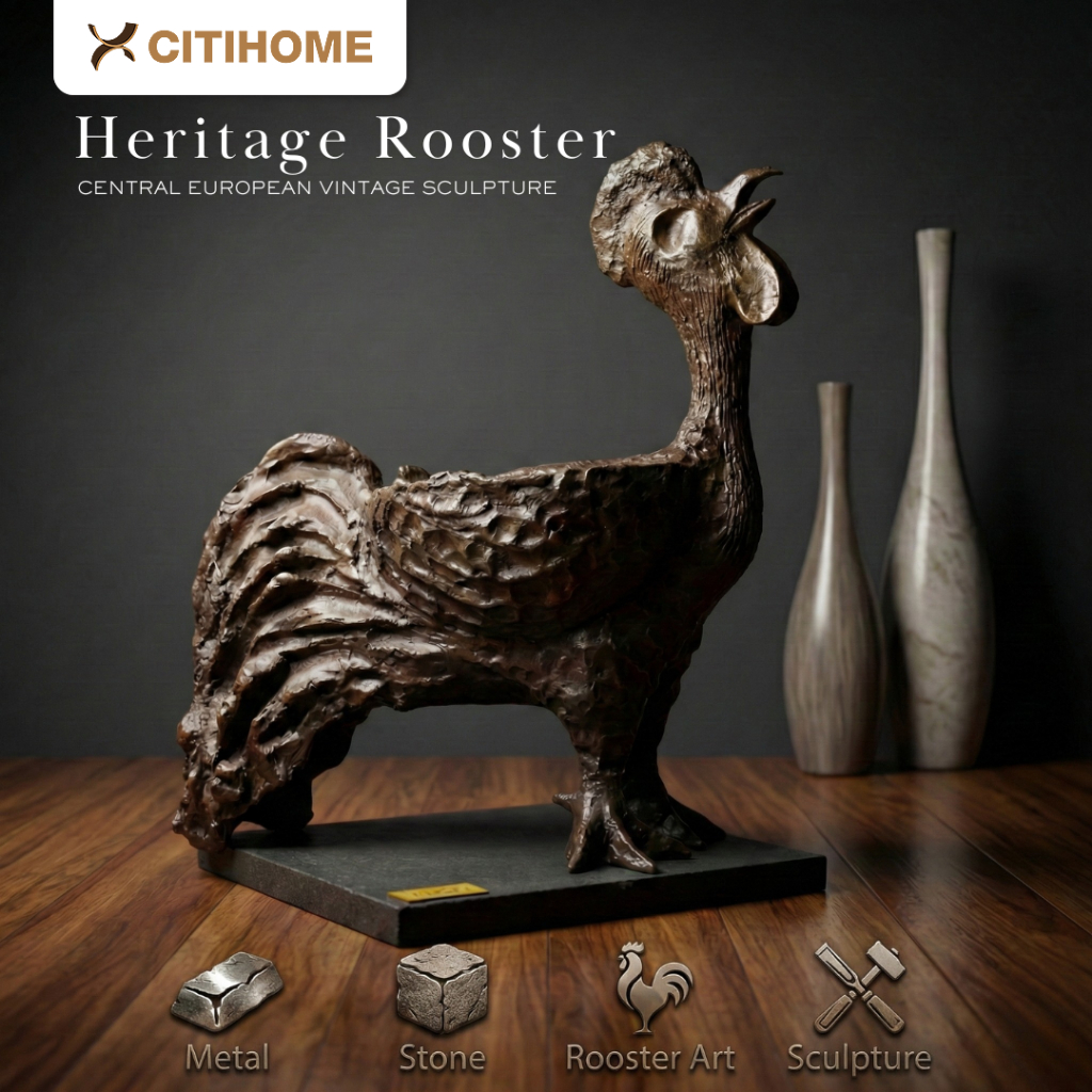 Patung Ayam Logam Artistik Warna Bronze Dekorasi Interior Premium dengan Alas Solid