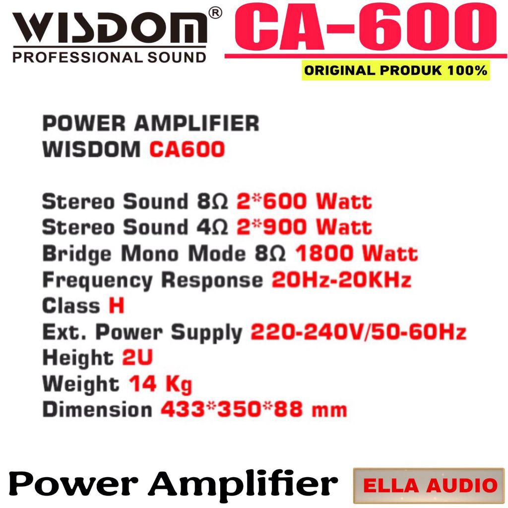 Power Amplifier Wisdom CA600 CA-600 2-Channel Ca 600