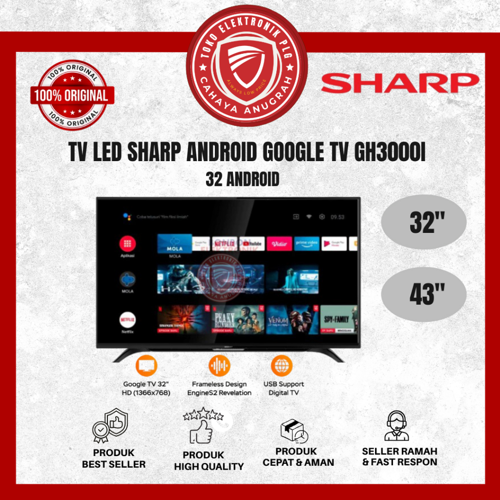 TV LED Sharp Google TV 32 Inch Sharp 43 Inch Sharp - 32GH3000/43GH3000 Garansi Resmi