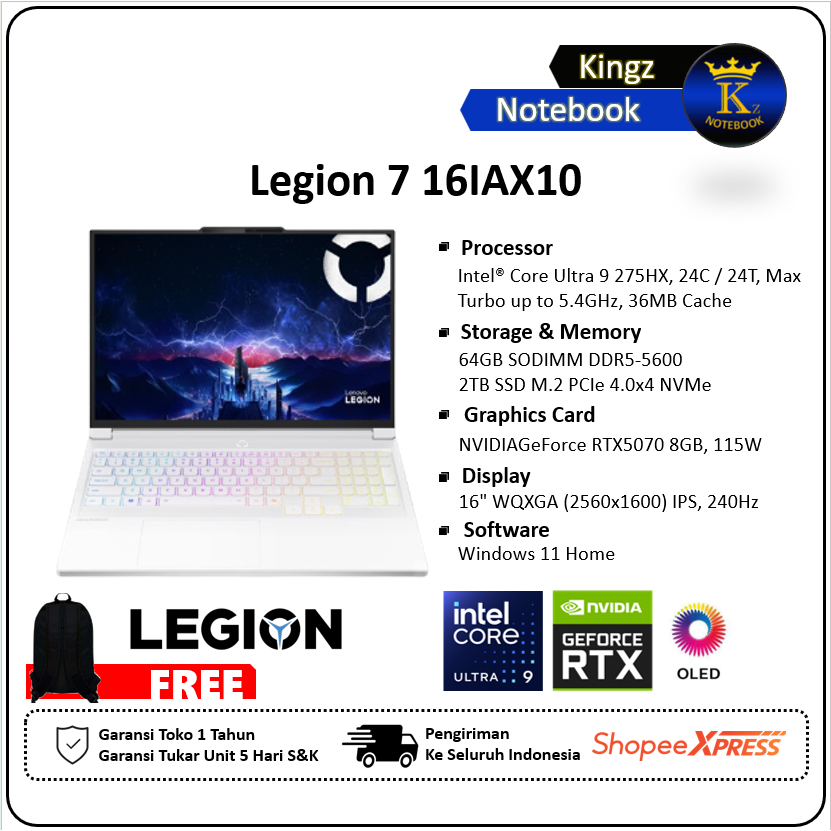 Lenovo Legion 7i OLED RTX5070 Ultra 9 275HX 64GB 2TB SSD 16 Inch 240Hz Gaming Laptop