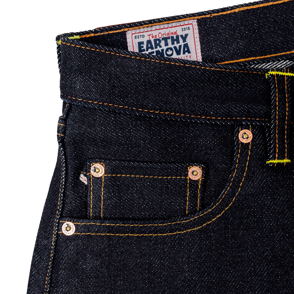 EARTHY GENOVA - XX01 JPN 22.5 oz Selvedge Denim Deep Indigo Rope Dyed Color with Pink Line Selvedge
