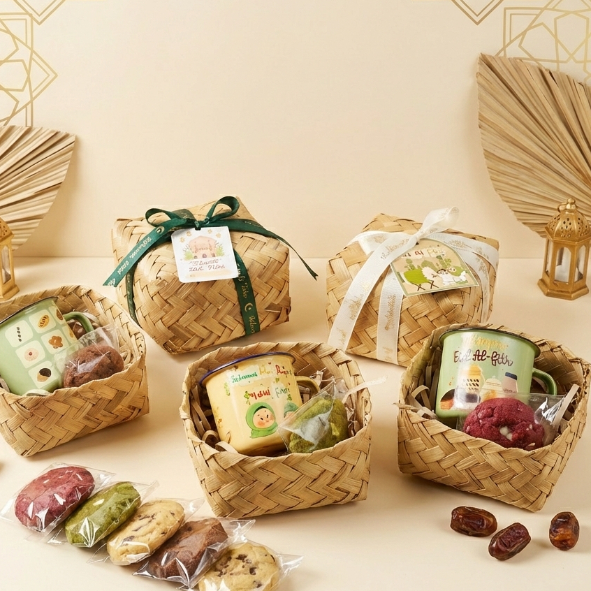 Hampers Idul Fitri isi gelas enamel dan kukis