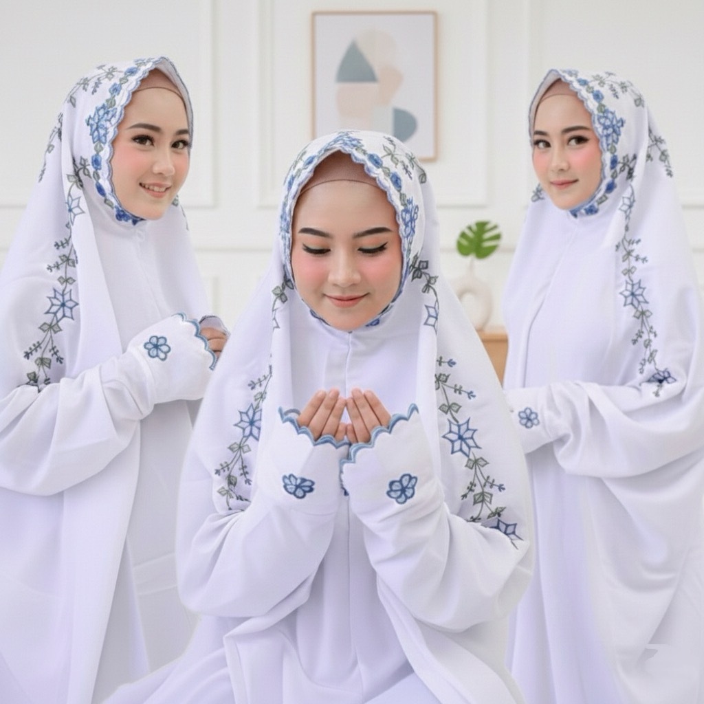 MUKENA TERUSAN DEWASA BORDIR BUNGA - Kain Katun Polino SUTRA PREMIUM Tebal LEMBUT, Mukenah Lajuran A