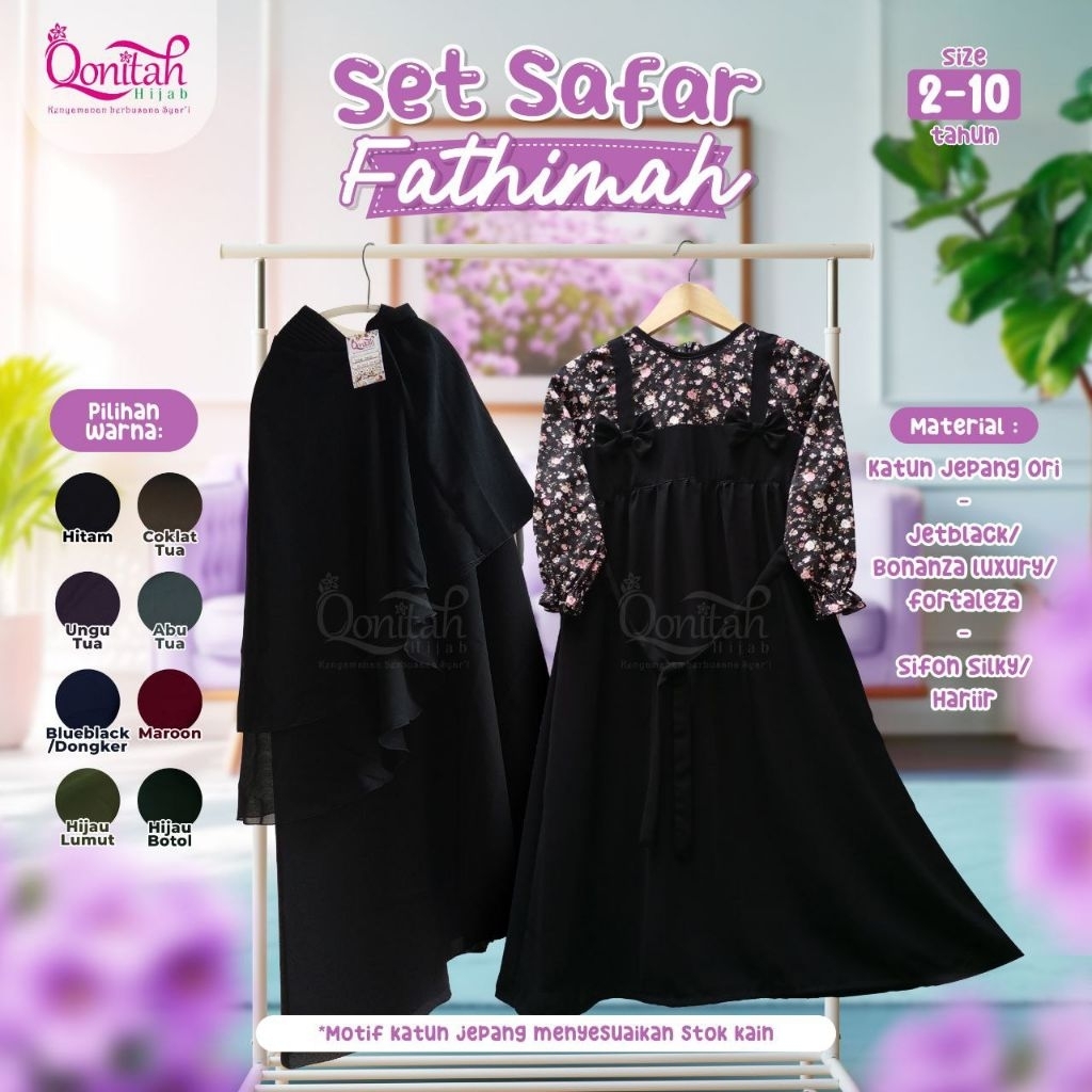 Setelan Safar Banat Qonitah Model Fathimah / Setelan Gamis dan jilbab Safar Qonitah Jetblack Fortale