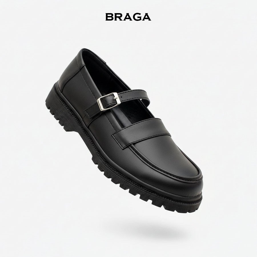 Braga Azumi B 3541 Sepatu Wanita Mary Janes Docmart Pantofel Kerja Kuliah Kantor Sekolah Hitam