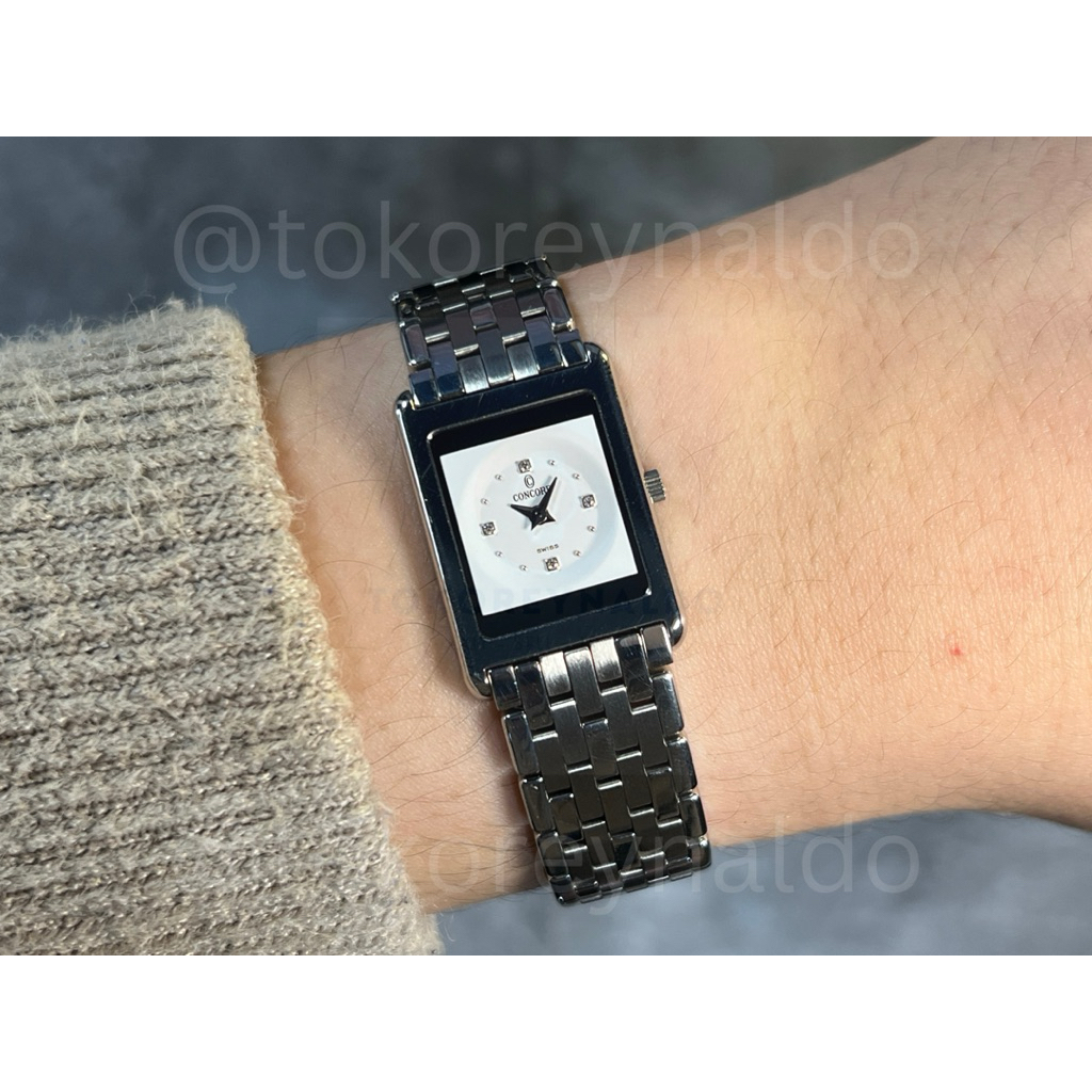 JAM TANGAN VINTAGE CONCORD DELIRIUM 14 C1 669 ULTRA-THIN SMALL RECTANGLE SS WHITE DIAL DIAMOND INDEX