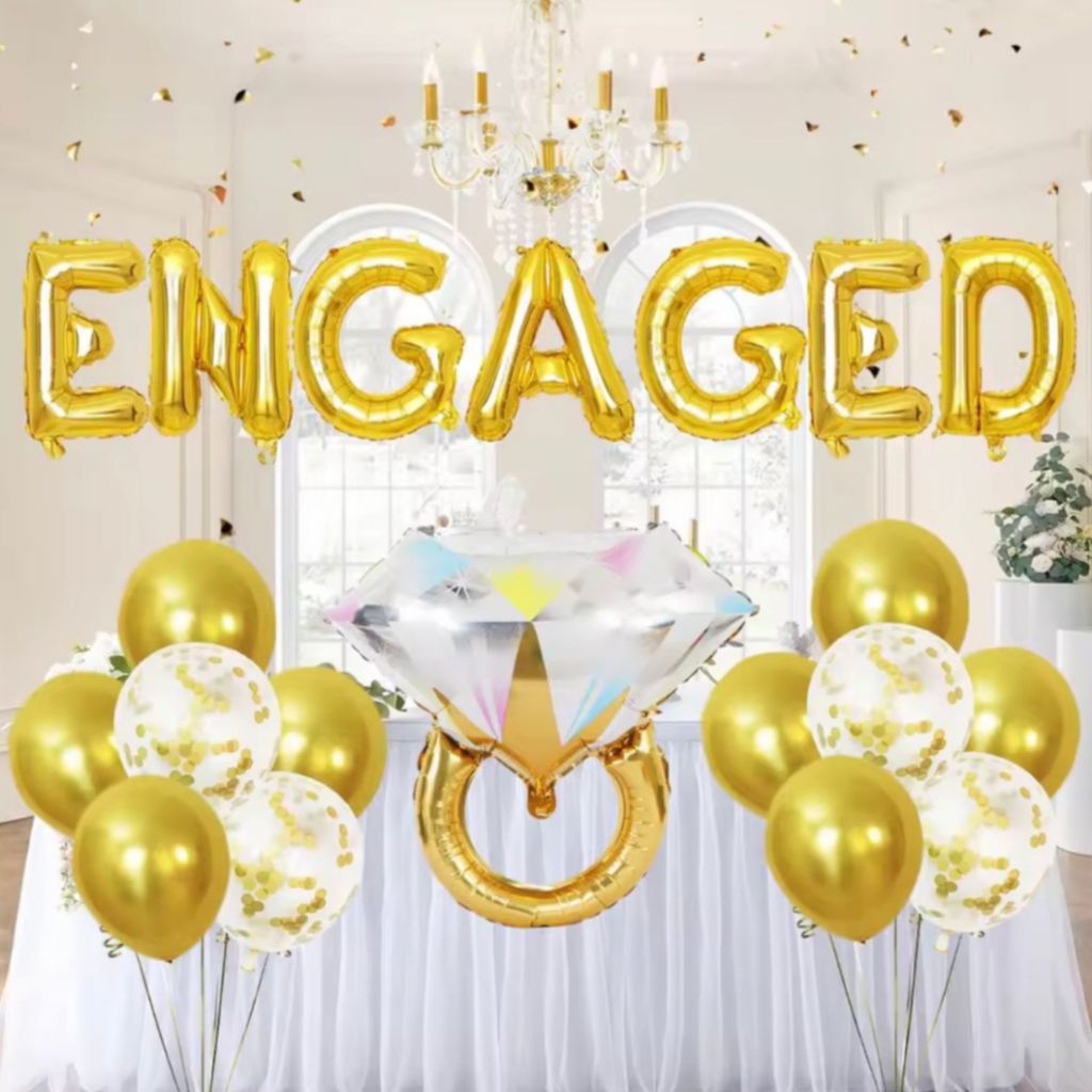 Set balon engagement simple decoration set balon foil huruf tulisan engaged warna gold balon foil ci