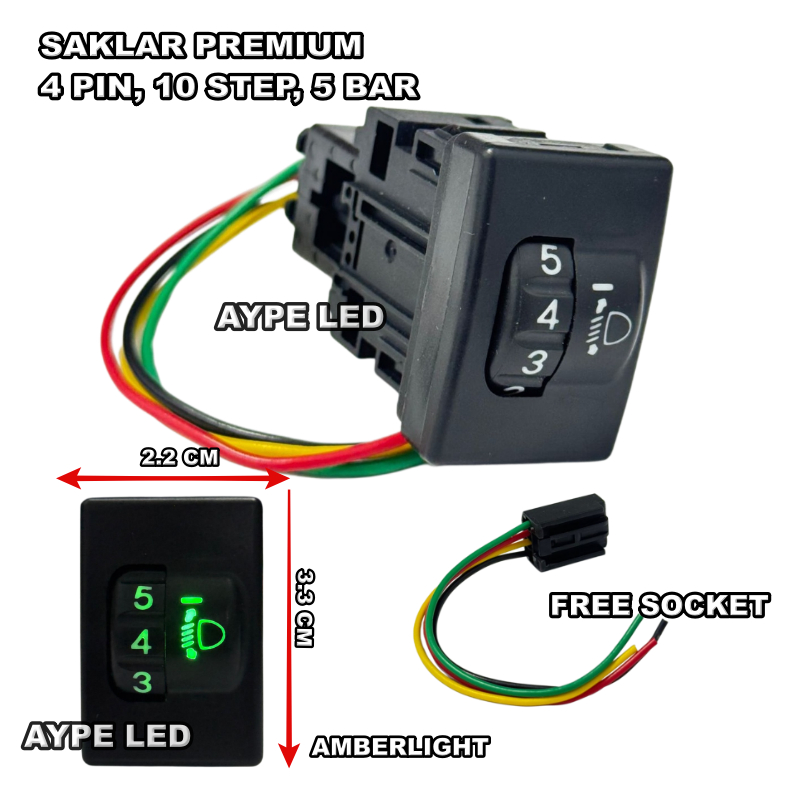 Saklar Angka Switch Headlamp 4 Pin 5 Bar 10 Step Amberlight include Socket Saklar Switch Mobil Motor
