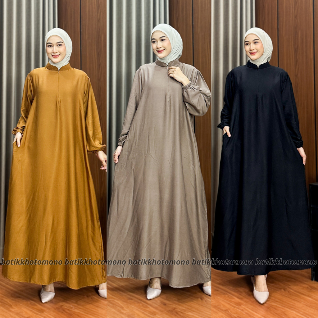 Gamis Polos Elegant Kekinian Simple Kain Rayon Twill Premium Warna Hitam Navi Putih Khaki Wood