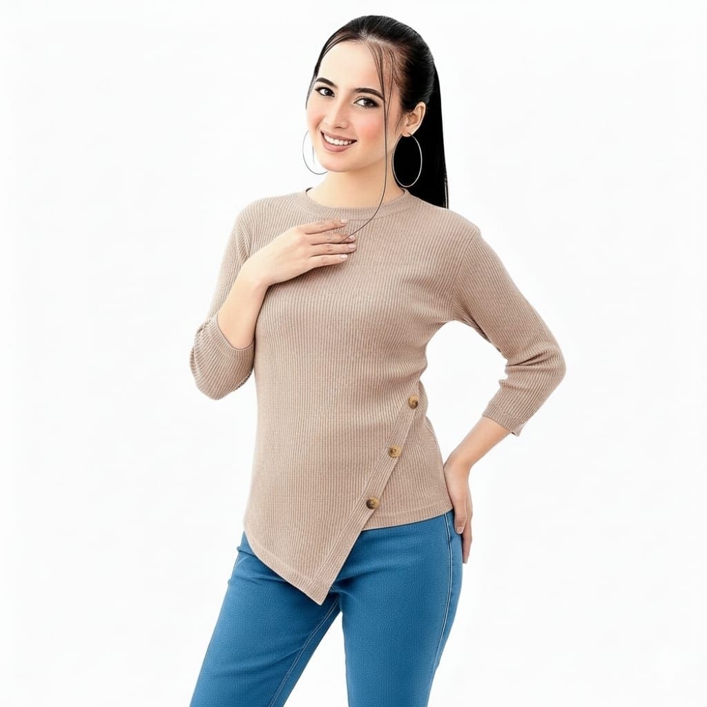 Atasan Wanita Lengan Panjang Rib Knit Kancing Rajut