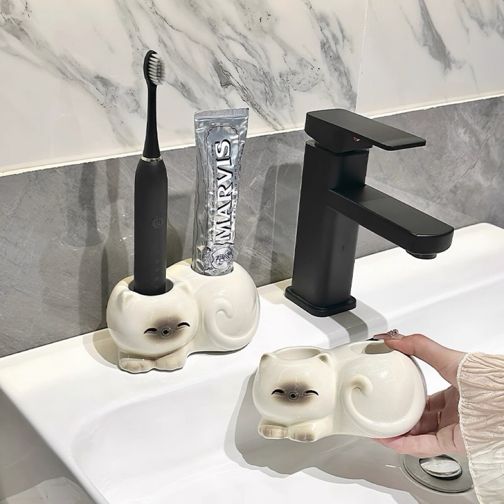 Siamese Cat Toothbrush Holder | Tempat Sikat Gigi Keramik Motif Kucing Siamese | Organizer Kamar Man