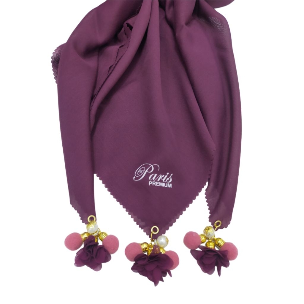 Paris Premium Jilbab Segiempat Paris Premium Pompom Bunga Mutiara Manik Manik Segi Empat Lembut Musl