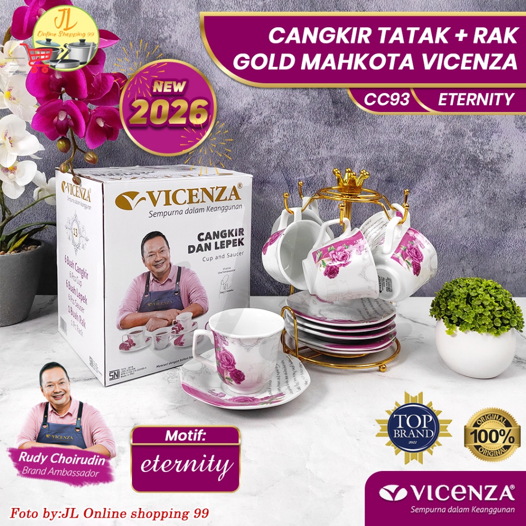 NEW VICENZA Cangkir set 6psg + rak motif eternity / ceramic tea set cup and saucer CCC-93