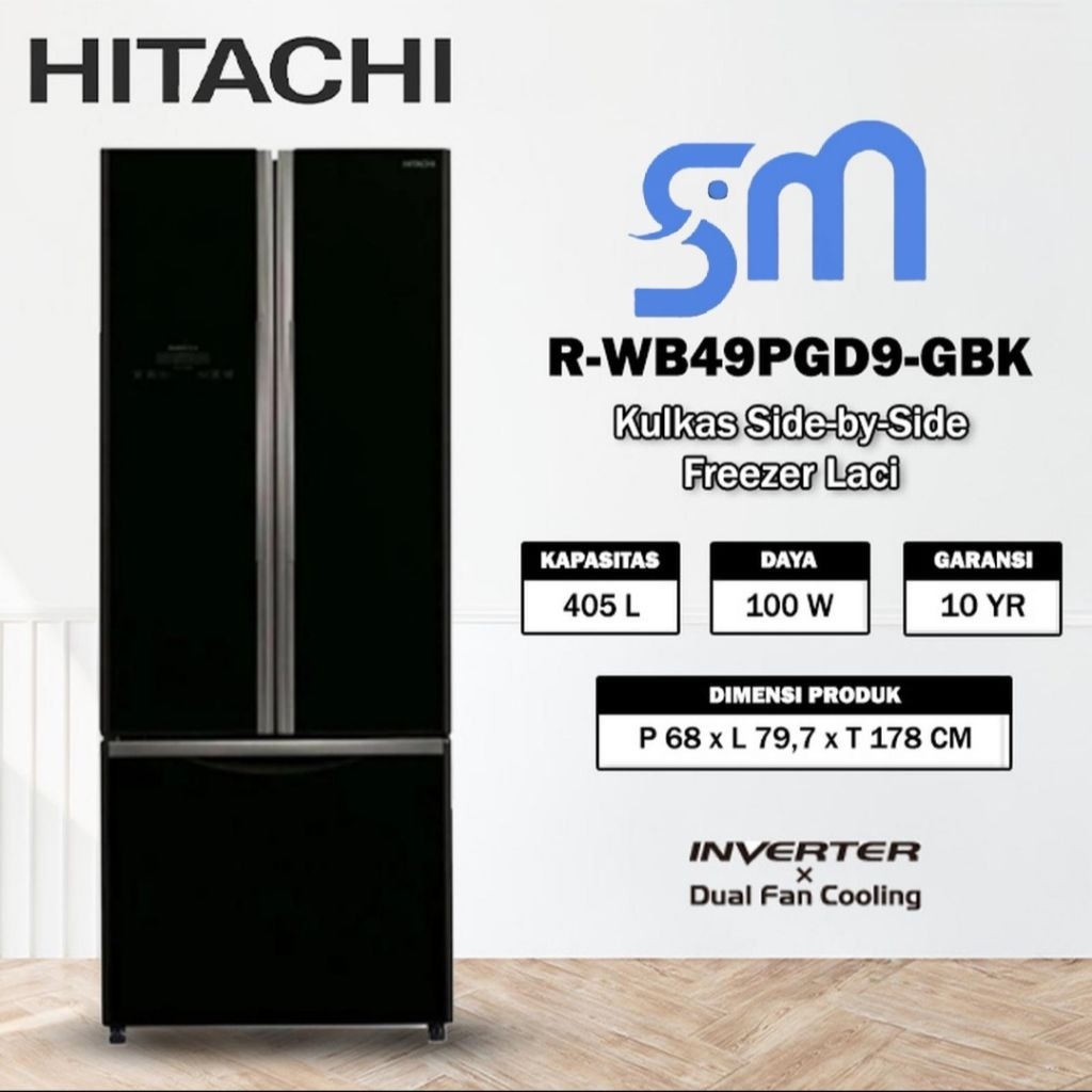 kulkas HITACHI R-WB49PGD9-GBK Kulkas 3 Pintu 405L Inverter Black Glass