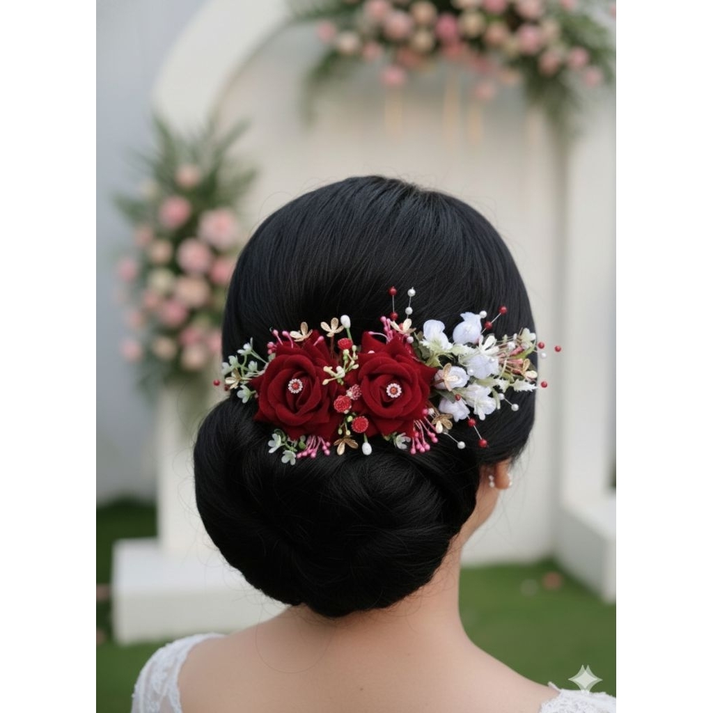 Aksesori Bunga Sanggul Pengantin Bunga Mawar Bludru /  Hiasan Sanggul Bunga Mawar premium