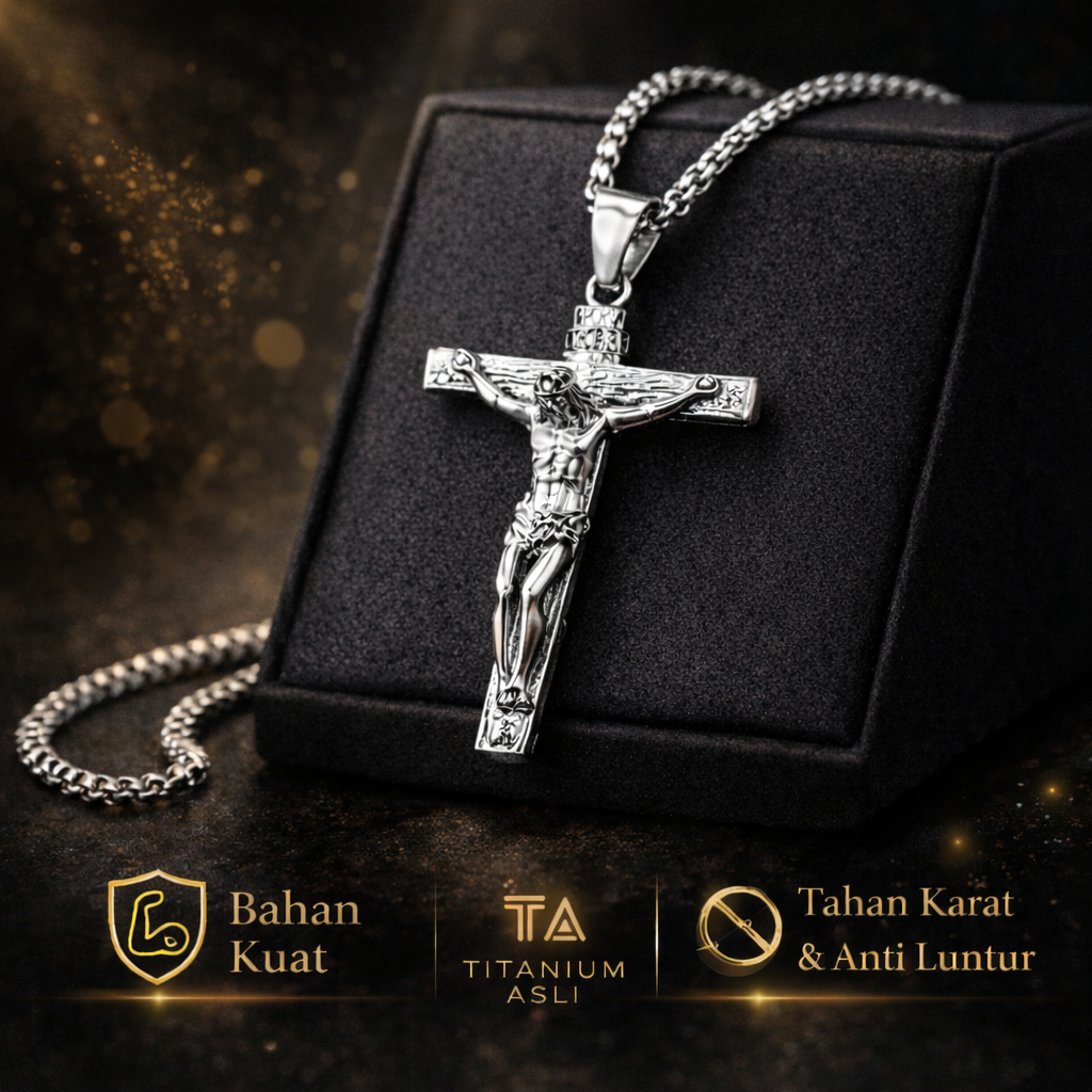 ALPHA OMEGA - Kalung Salib Yesus Pria Katolik Titanium | Kalung Salib Pria Anti Karat
