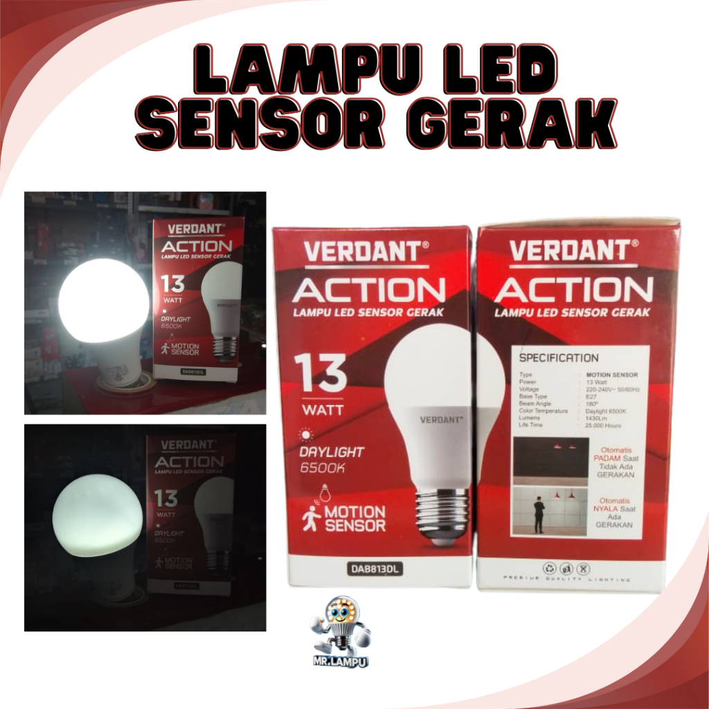 Lampu LED Sensor Gerak 13 Watt VERDANT Action – Otomatis Nyala, Daylight 6500K, Hemat Listrik