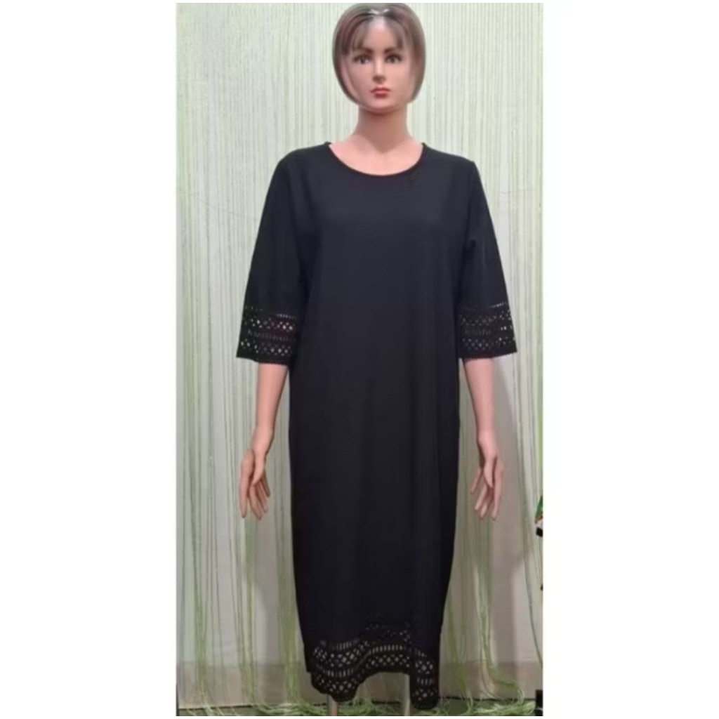 dress wanita jumbo hitam polos katbol lengan tiga per empat, big size dress