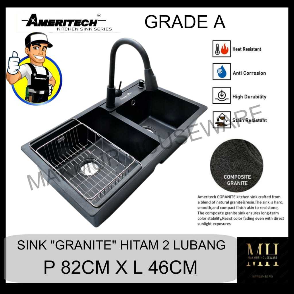 BAK CUCI PIRING GRANITE DIAMOND BLACK 2 LUBANG / KITCHEN SINK GRANITE HITAM AMERITECH 2 LUBANG