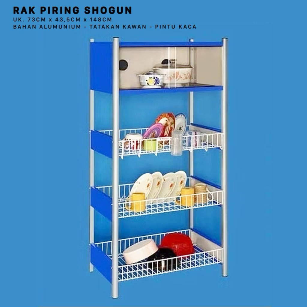 Rak Piring Aluminium Shogun 4 Susun | Lemari Piring Dapur Minimalis Anti Karat dengan Pintu Kaca & T