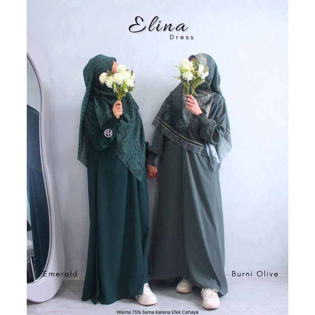 PO ELINA DRESS ORIGINAL BY PELANGI HIJAB TERBARU GAMIS SYAR'I EMERALD POLOS PREMIUM MANSET SMOKE KAR