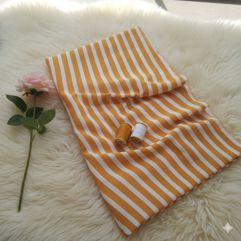 Kain Sifon Ceruty Motif Salur Garis Mustard White - Bahan Ceruti Babydoll Meteran Premium - Untuk Hi