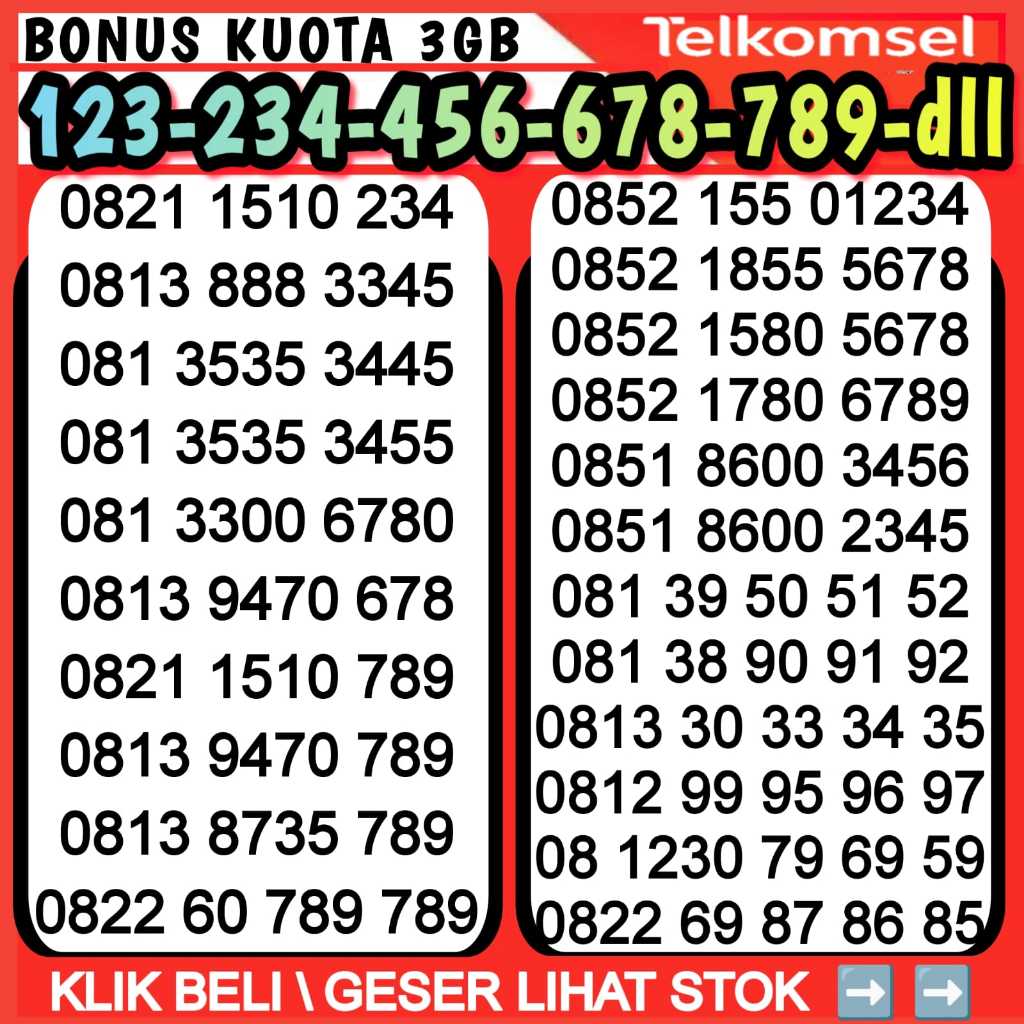 NOMOR TELKOMSEL SIMPATI 11 DIGIT 12 DIGIT NAIK URUT 123-234-456-678-789 KARTU PERDANA PRABAYAR 4G-5G
