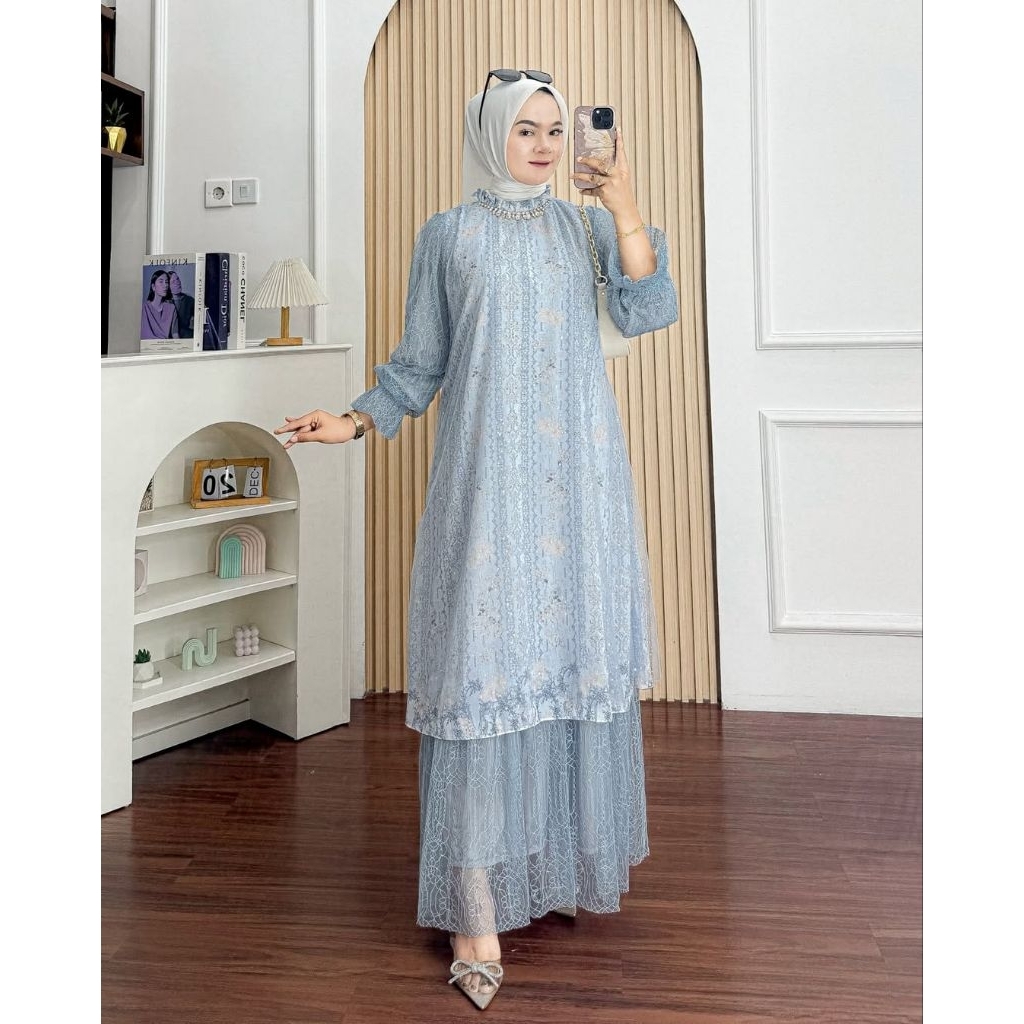 (MAUZA DRESS) - Dress Ceruty Mix Brukat Gratias Belt Mutiara Gamis Lebaran Ceruty Premium Wanita Mus