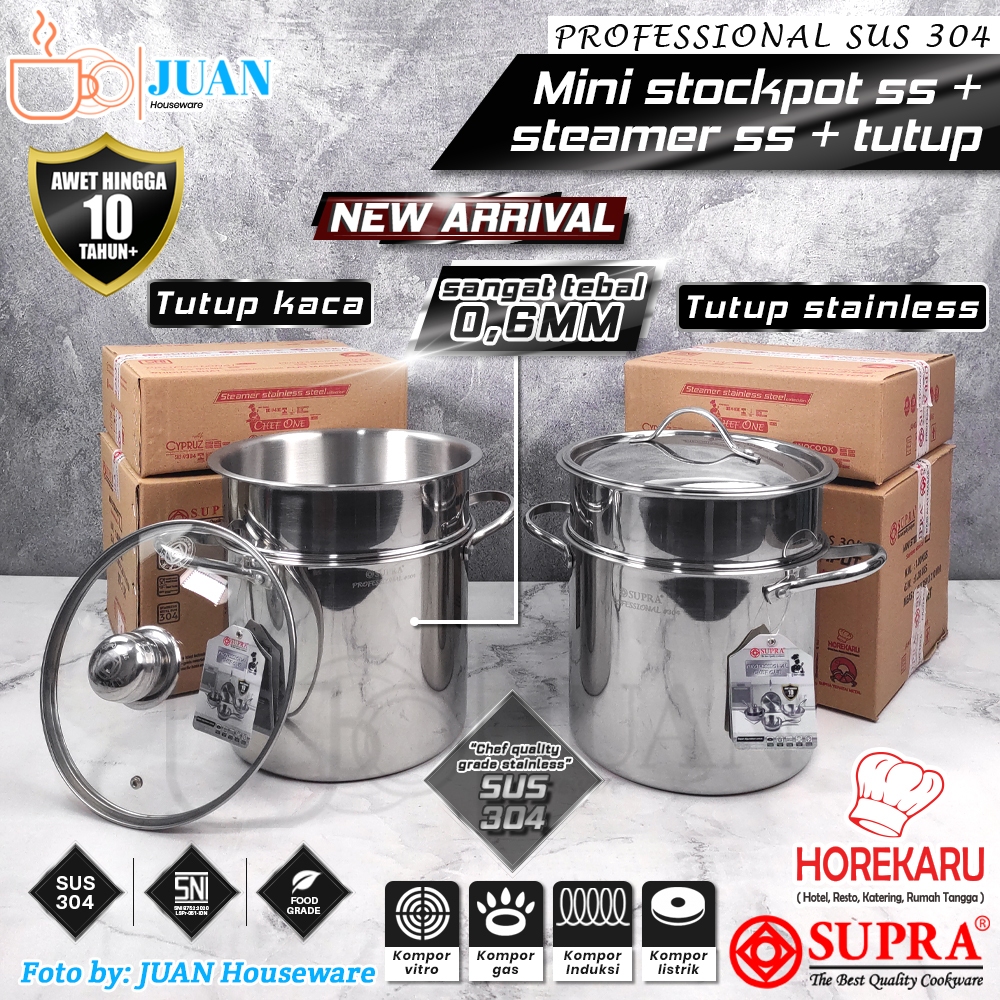 SUPRA Mini Stockpot 22cm Stainless Steel SUS 304 + Steamer with lid / tutup kaca-tutup stainless / p