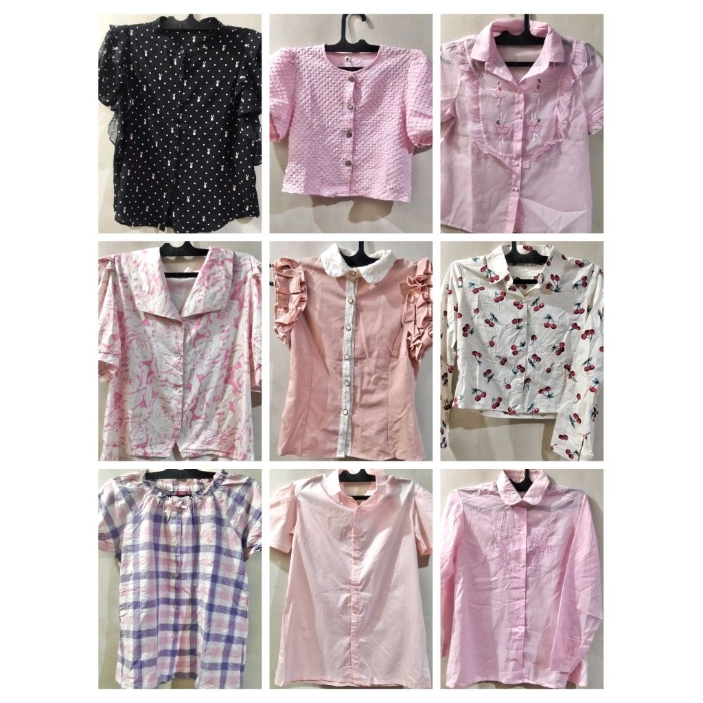 Kemeja wanita crop pink lucu coquette lengan pendek panjang ungu baby blue hitam kotak bunga renda b