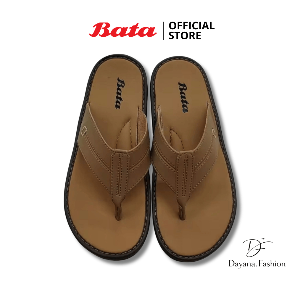 Sandal Pria Bata Original Kulit Sintetis Model Jepit Warna Tan Hitam Ukuran 39-43