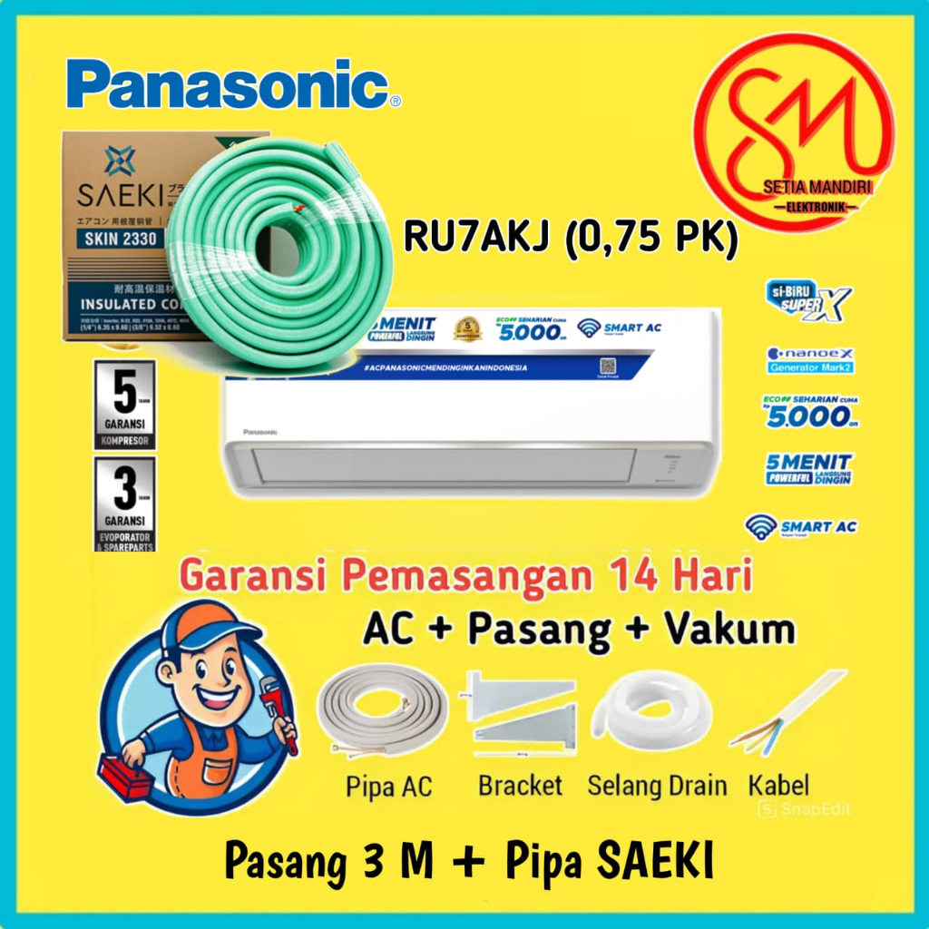 AC Panasonic Split Inverter 0.75PK / RU Series/ RU7AKJ - 0.75PK - Daya Rendah