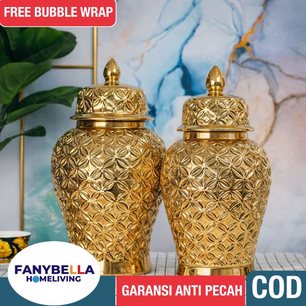 [PROMO 2.2] Vas Bunga Keramik Kuning Emas Gold Ginger Jar Satu Set Tochin Dekorasi Hiasan Percantik 