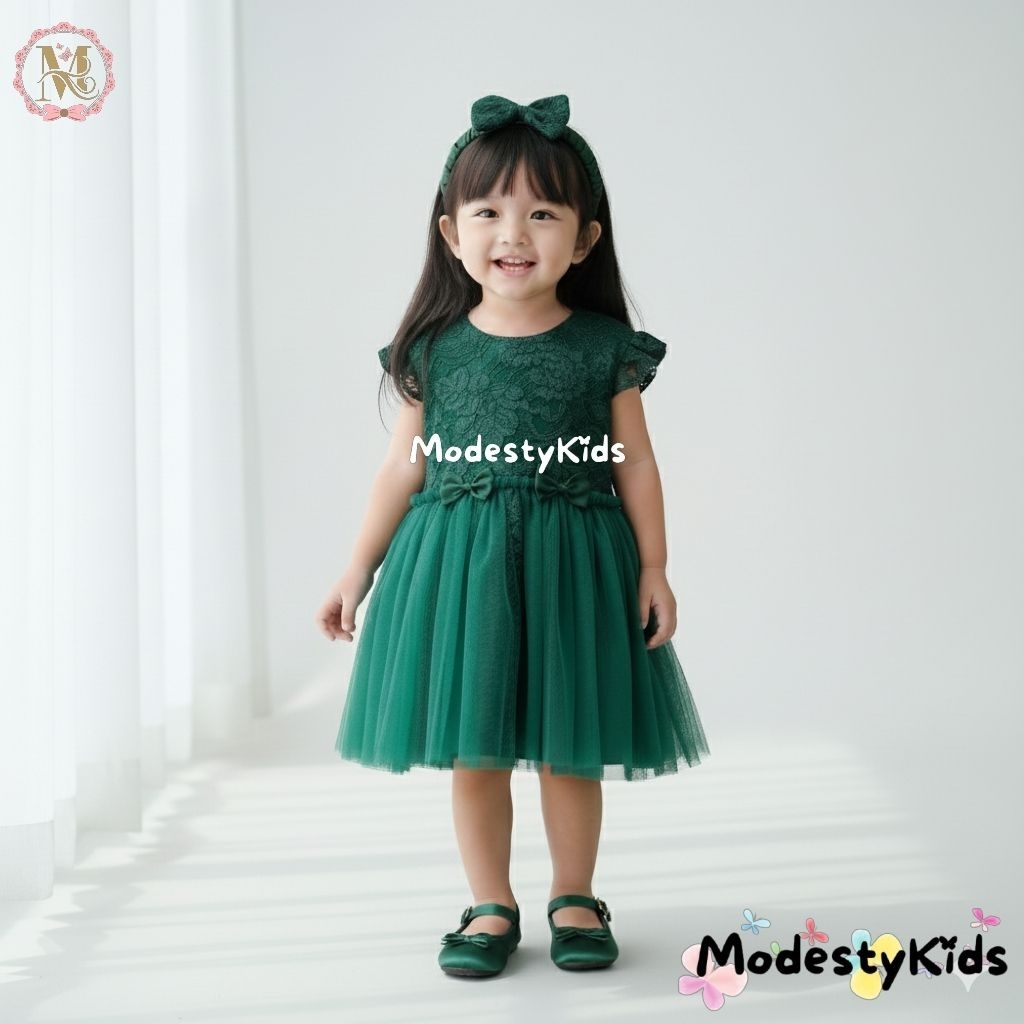 Dress Anak Perempuan / Dress Tulle Anak / Dress Pesta Anak hijau botol