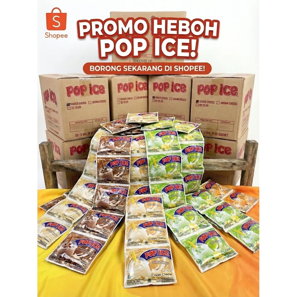 POP ICE 1 Dus Karton Isi 5 Bal (250 Sachet) - All Varian Rasa Grosir Murah (Coklat/Buah/Yoghurt)