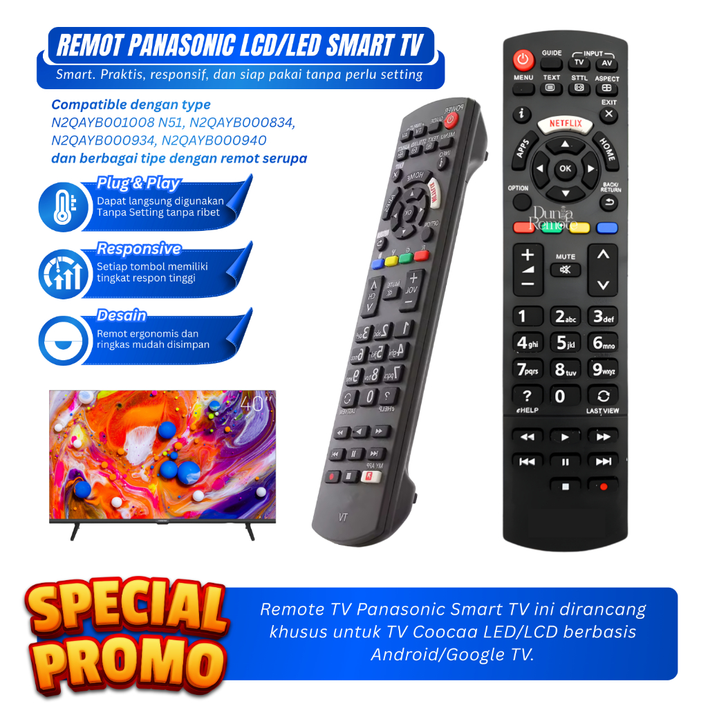 Remot TV Panasonic LED/LCD Smart TV Pengganti Remot Kontrol TV LED/LCD Smart TV Android TV Panasonic