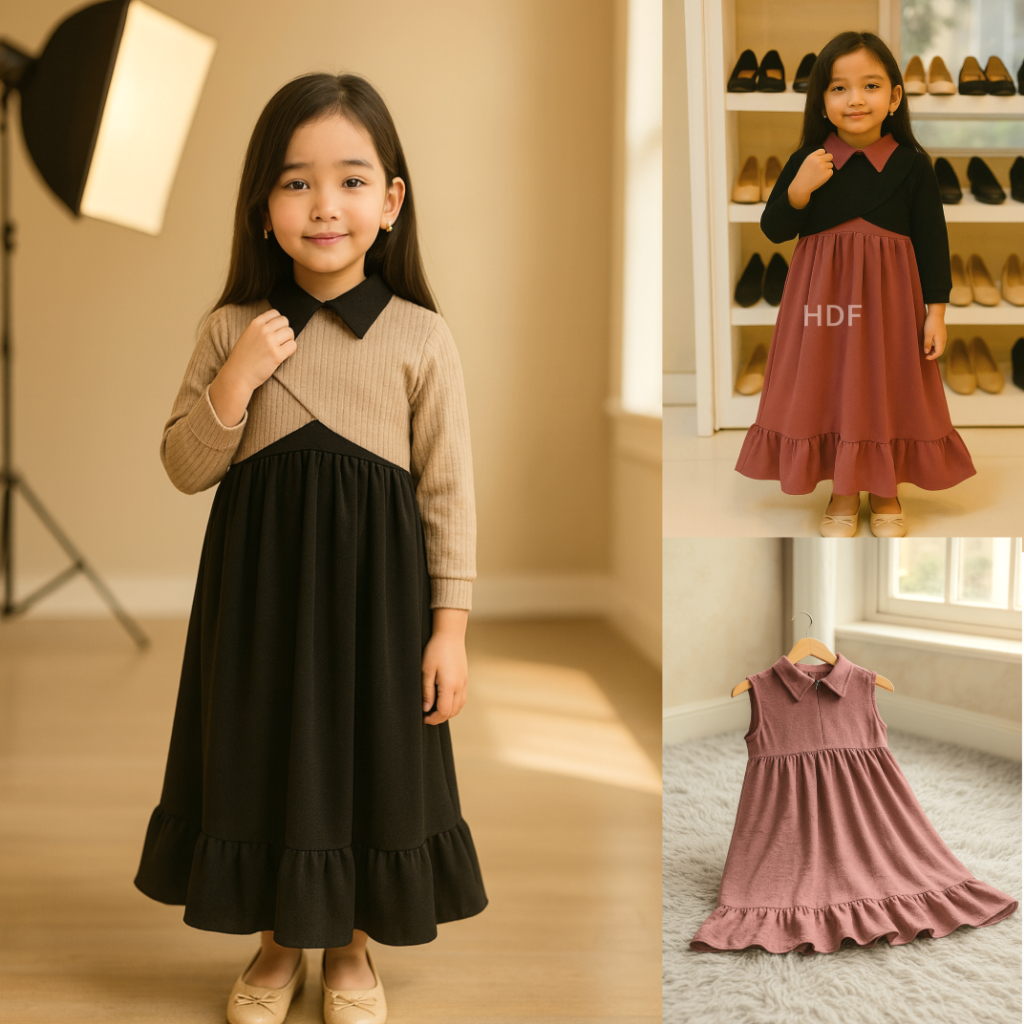 Gamis Rompi Anak Perempuan 5-12 tahun Tahun Dress Anak Vest Rompi Korean Style Bahan Cringkel Knite