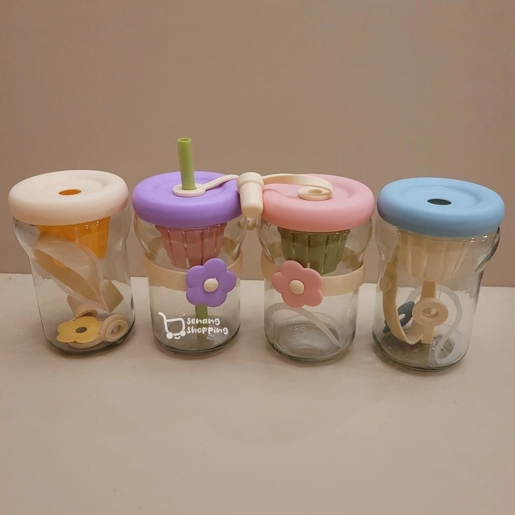 GELAS KACA AESTHETIC BOTOL KACA FLOWER 350ML
