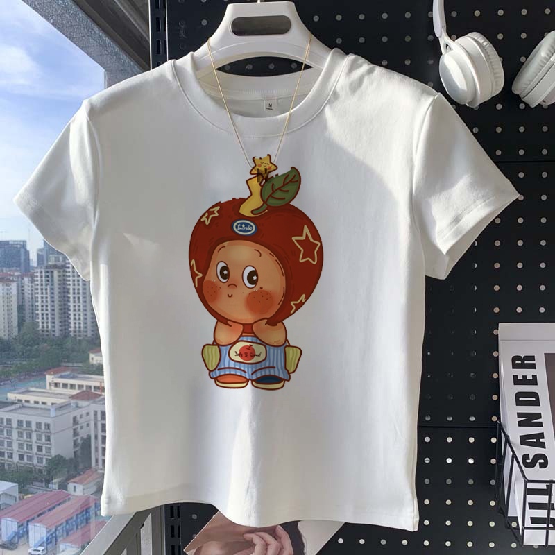 POP MART Twinkle Twinkle motif T-Shirt Lengan Pendek Kaos Wanita Crop Baju Atasan Terbaru Putih Top