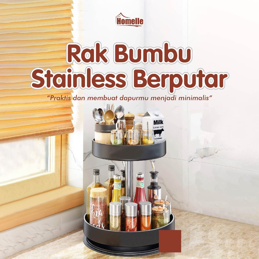 Rak Tempat Bumbu Dapur Putar -  Rak Dapur Putar Serbaguna 2 Susun Kokoh Full Besi - Rak 2 Susun Besi