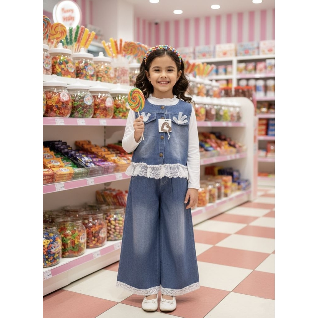 ​Setelan Rompi Jeans & Celana Kulot Anak Perempuan (Premium Denim Set 3in1) ​Setelan Anak Perempuan 