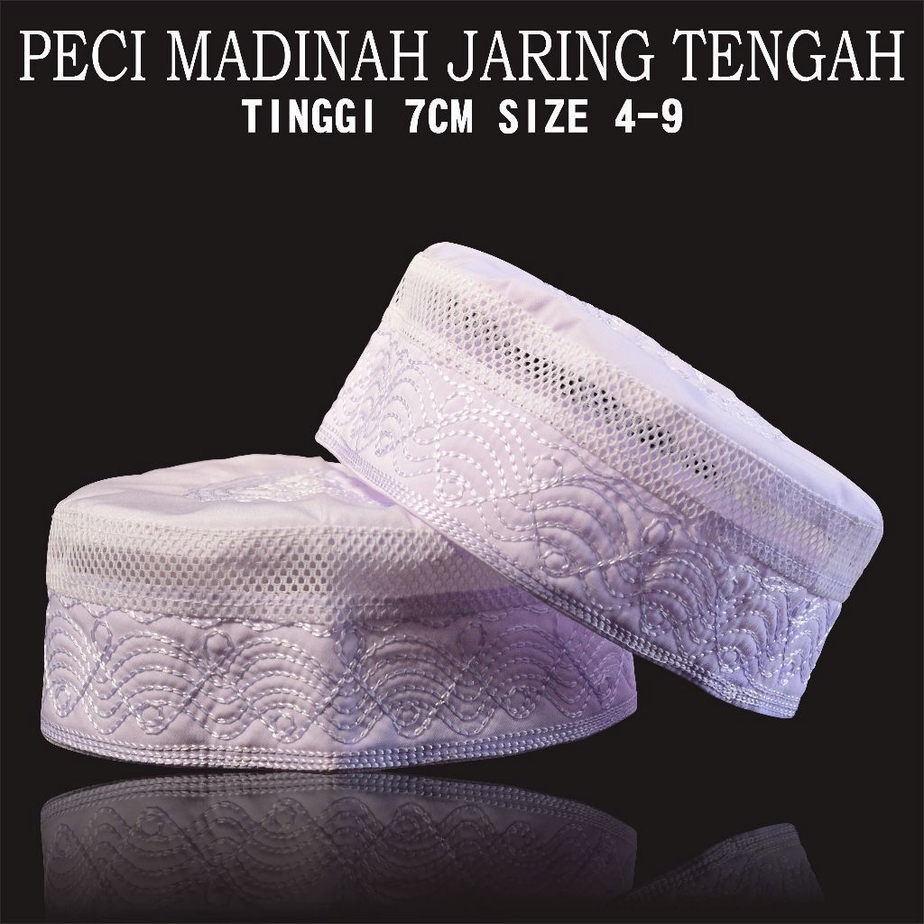 Peci Madinah Jaring Tengah Tinggi 7 cm / Kopiah Haji / Peci Putih / Peci Haji