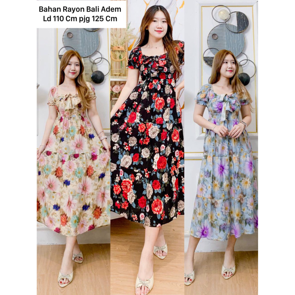 Daster Kerut Dada Lyona - Daster Bali kerut Panjang Rok Susun Bunga-Bunga Ld 110