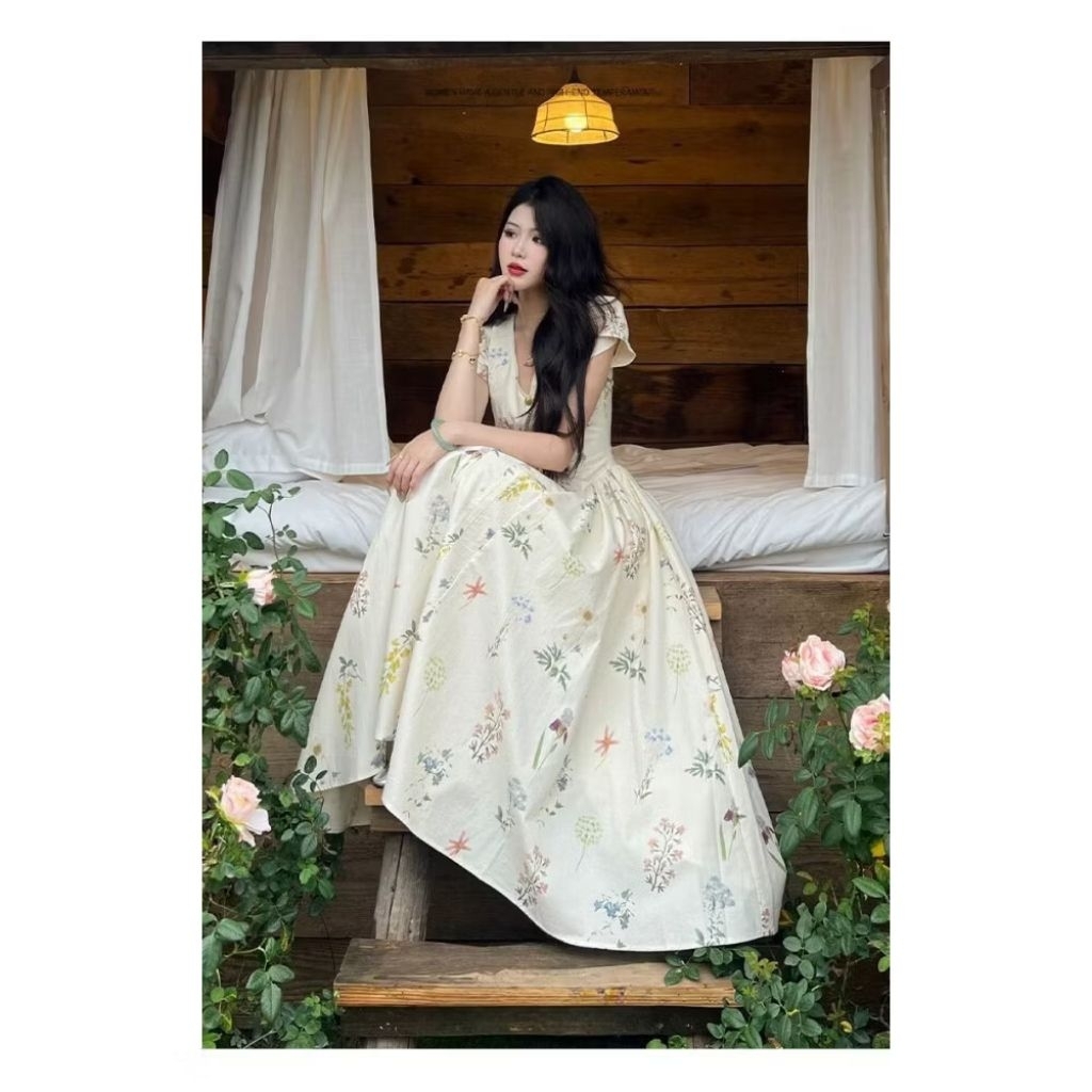 [ READY ] CHICMOORE DRESS BUNGA KOREA V NECK GAUN PANJANG LENGAN PENDEK