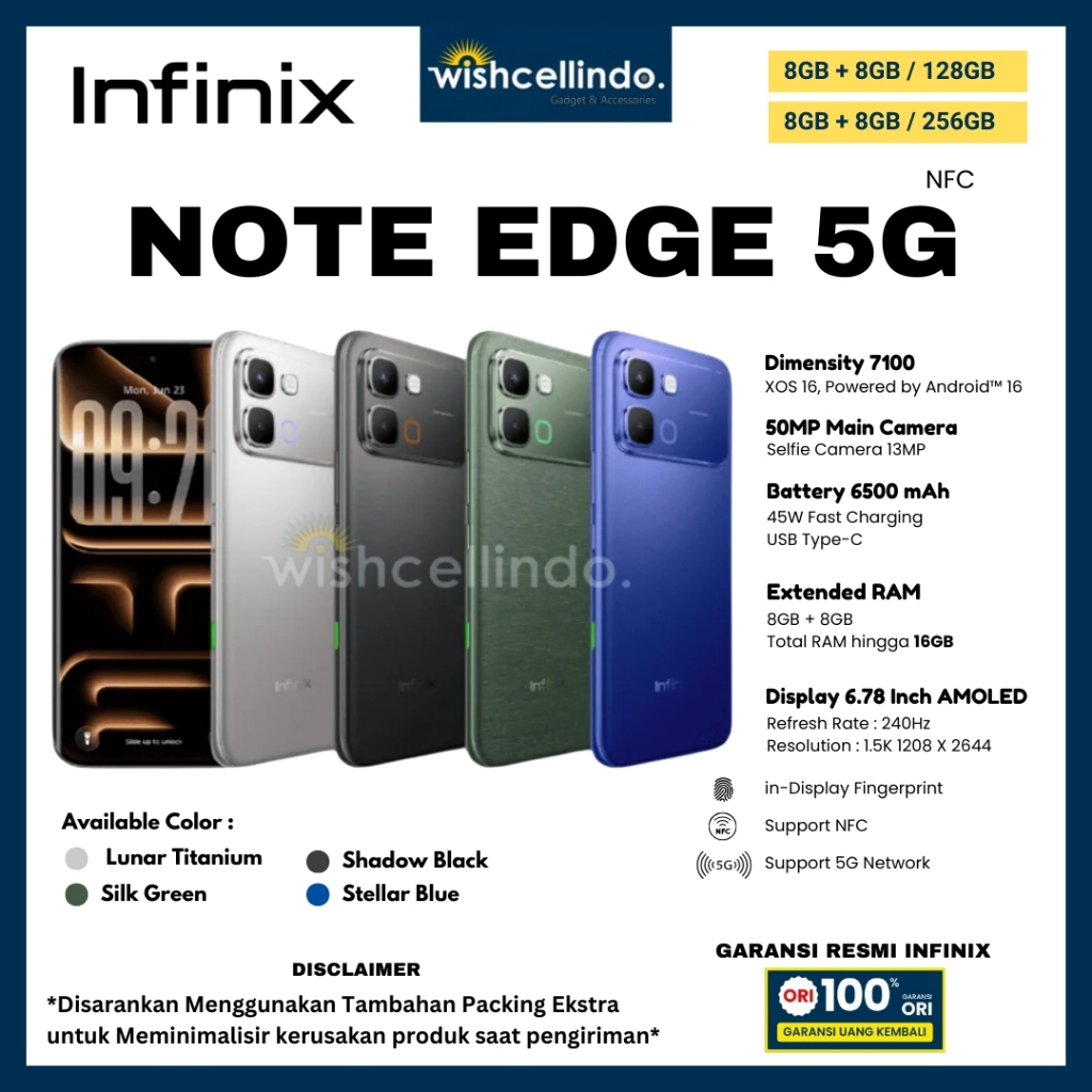 HP INFINIX NOTE EDGE 5G NFC 8/256GB, dan NOTE EDGE 5G NFC 8/128GB (Garansi Resmi Infinix 1 Tahun)