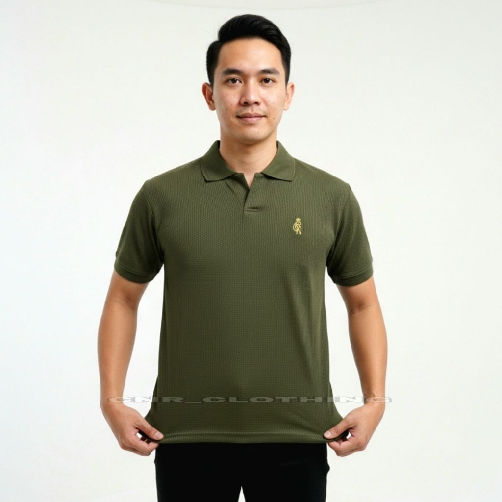 CNR Kaos Polo Pria V-Neck Premium Waffle Knit Bordir | Baju Kerah Cowok Adem & Kain Lentur